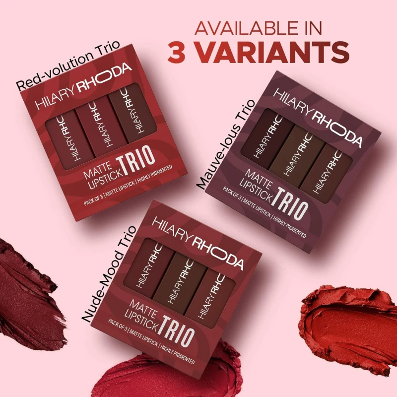 Hilary Rhoda Matte Trio Lipstick | Matte Finish & Long Lasting Lipstick | Pack of 3 Lipsticks | Highly Pigmented & Glides Smoothly | Vegan & Cruelty-Free - (Nude-Mood Trio, 3g x 3U) thumbnail 6